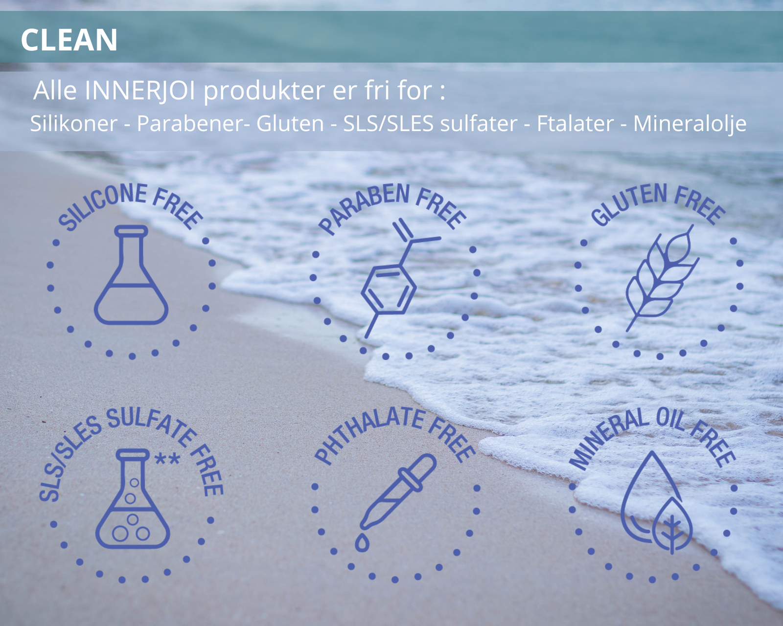 Alle INNERJOI produkter er fri for :    Silikoner - Parabener- Gluten - SLS/SLES sulfater - Ftalater - Mineralolje